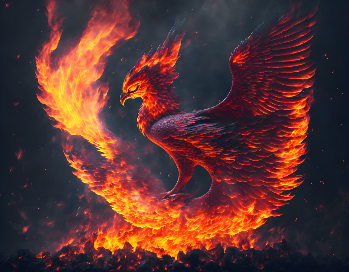 Fiery Phoenix with Spread Wings Amid Flames