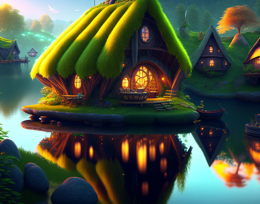 Thatched Roof Fantasy Cottage Reflecting in Twilight Lake