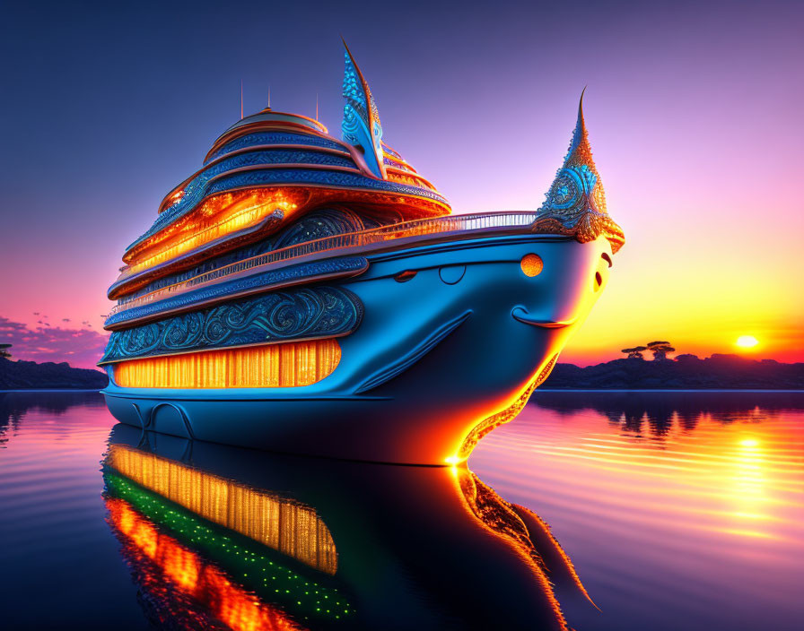 Ornate glowing ship on tranquil waters at sunset