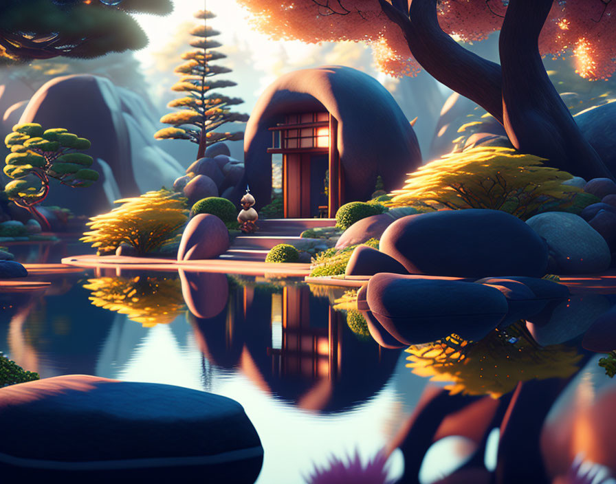 Tranquil Fantasy Landscape with House, Rocks, and Trees