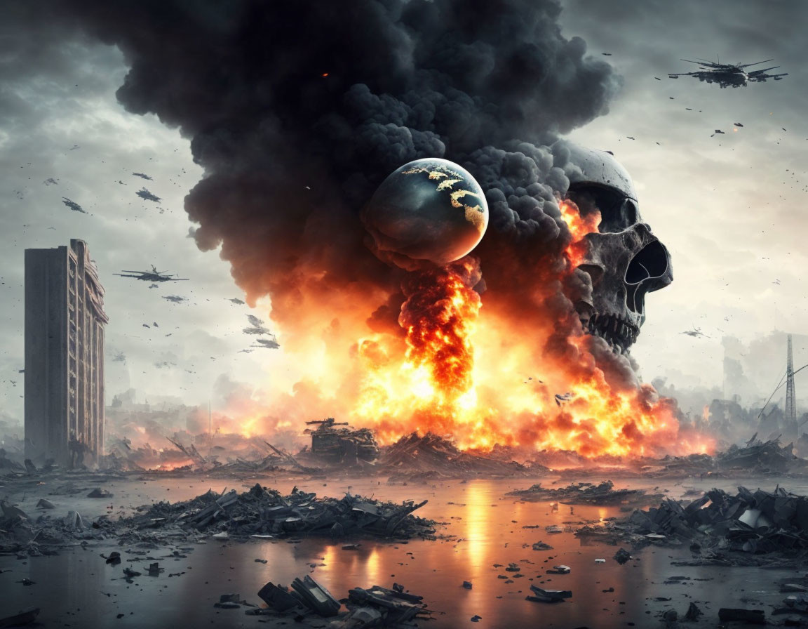 Apocalyptic Scene with Fiery Explosion, Skull, Helicopters, and War Ruins