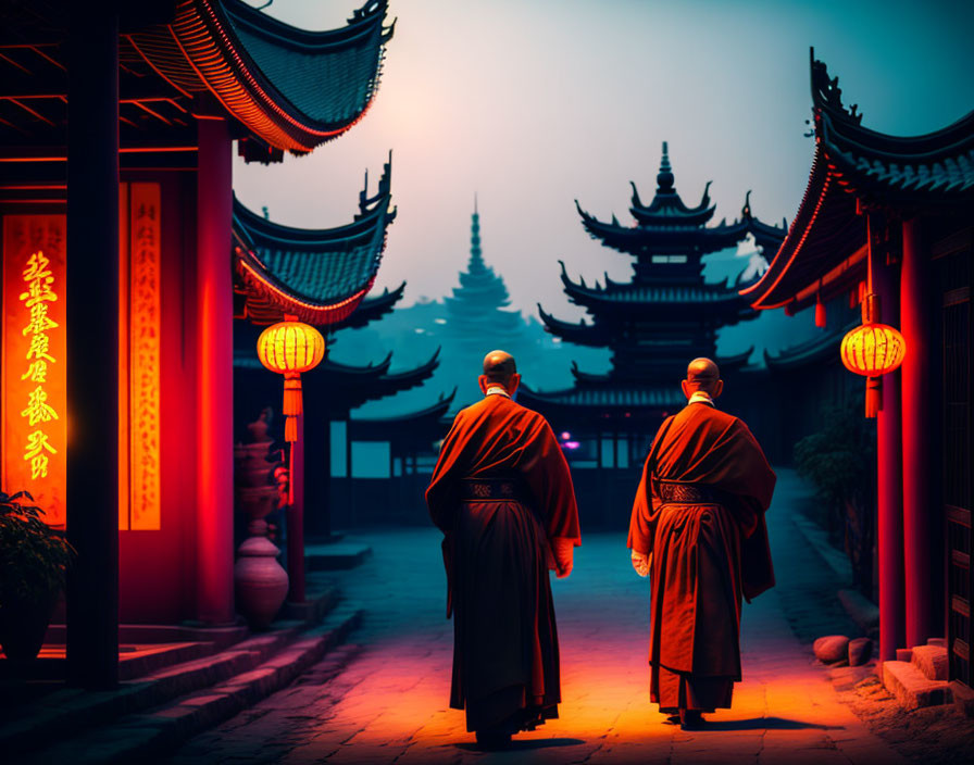 Traditional monks walking in temple with red lanterns and intricate silhouetted roofs at sunset.