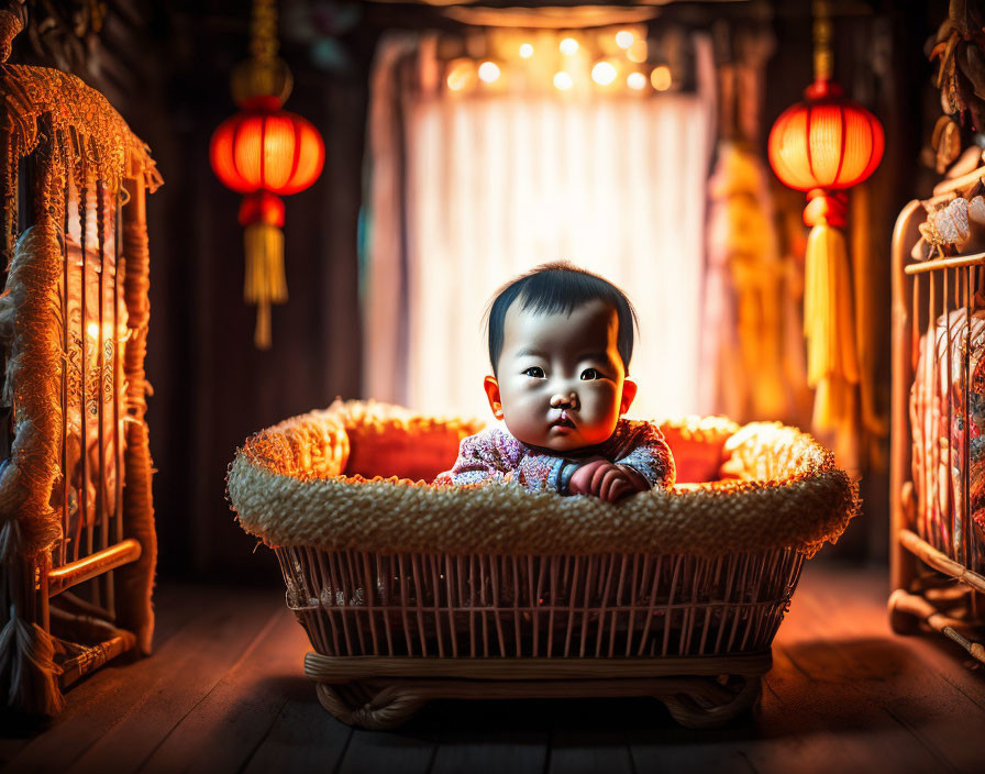 Curious baby in woven basket with red lanterns and warm lighting