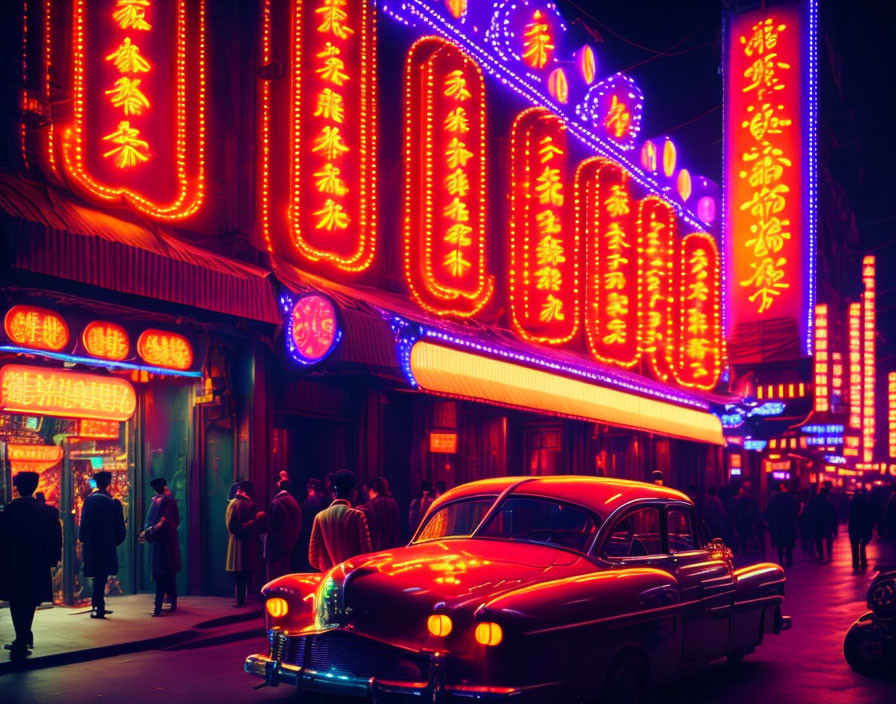 Busy Night Scene with Vintage Car and Neon Signs in Urban Setting