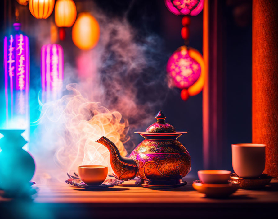 Colorful Teapot with Steam, Cups, Lanterns, and Neon Signs
