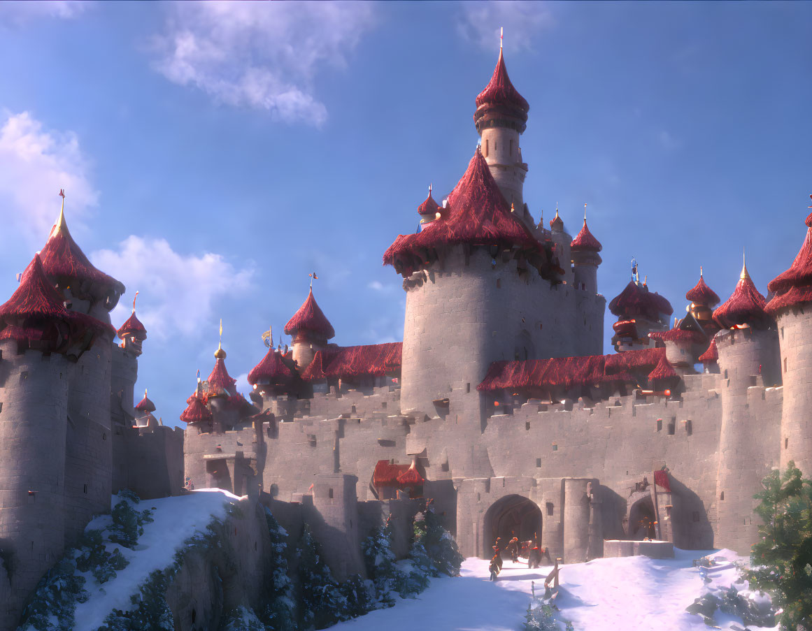 Snowy Landscape with Majestic Castle and Red-Roofed Towers