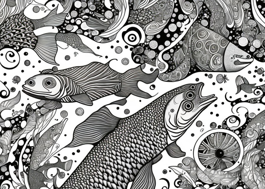 Detailed Black-and-White Fish Illustration with Abstract Underwater Patterns