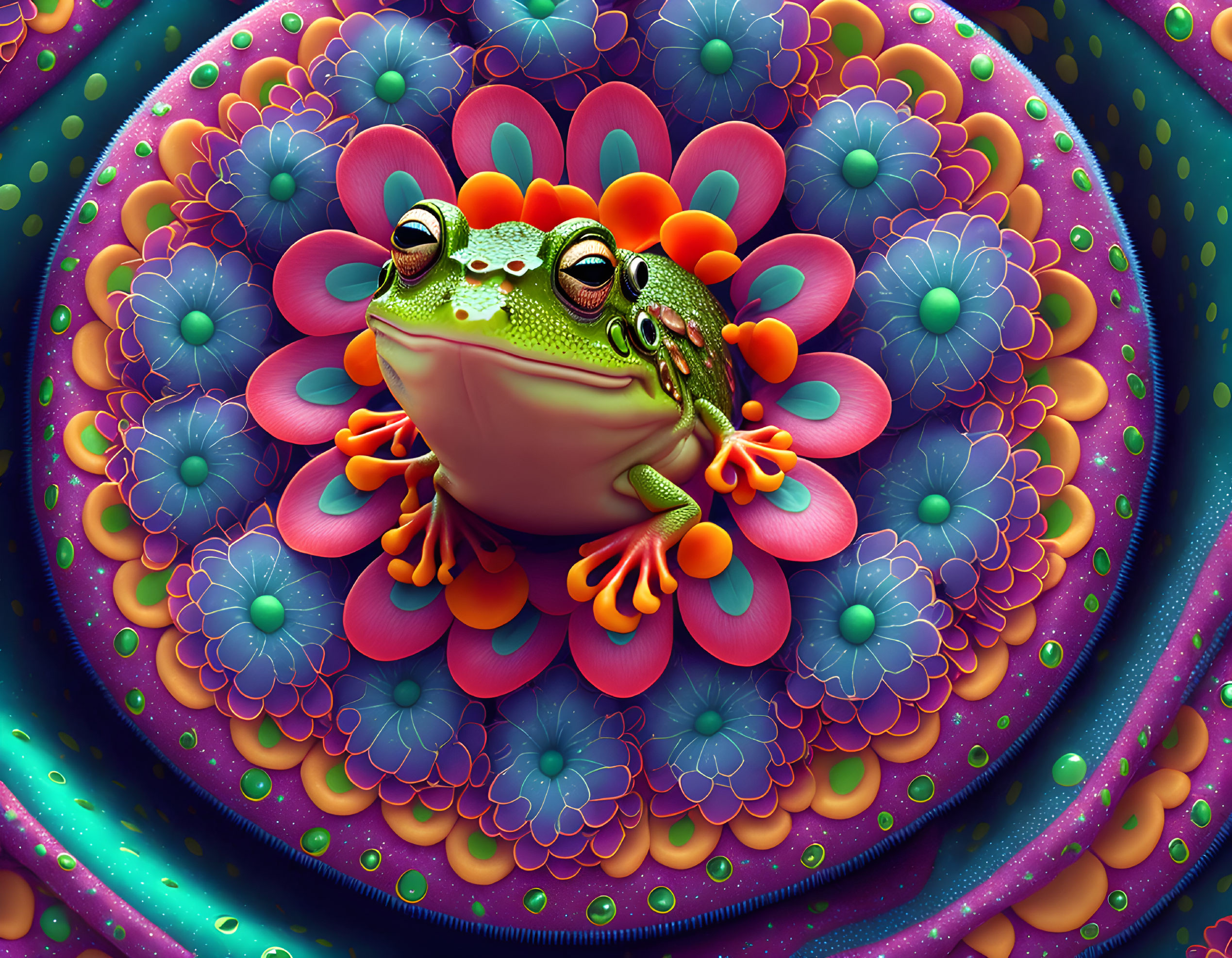 Colorful Whimsical Frog Surrounded by Psychedelic Flowers