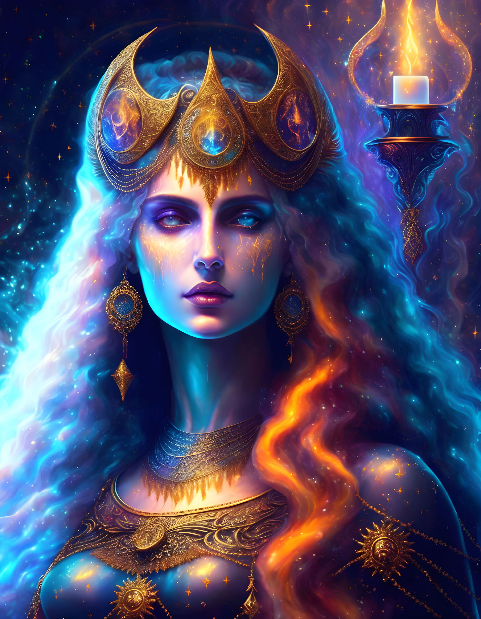Blue-skinned woman with moon headpiece holds candle in cosmic setting