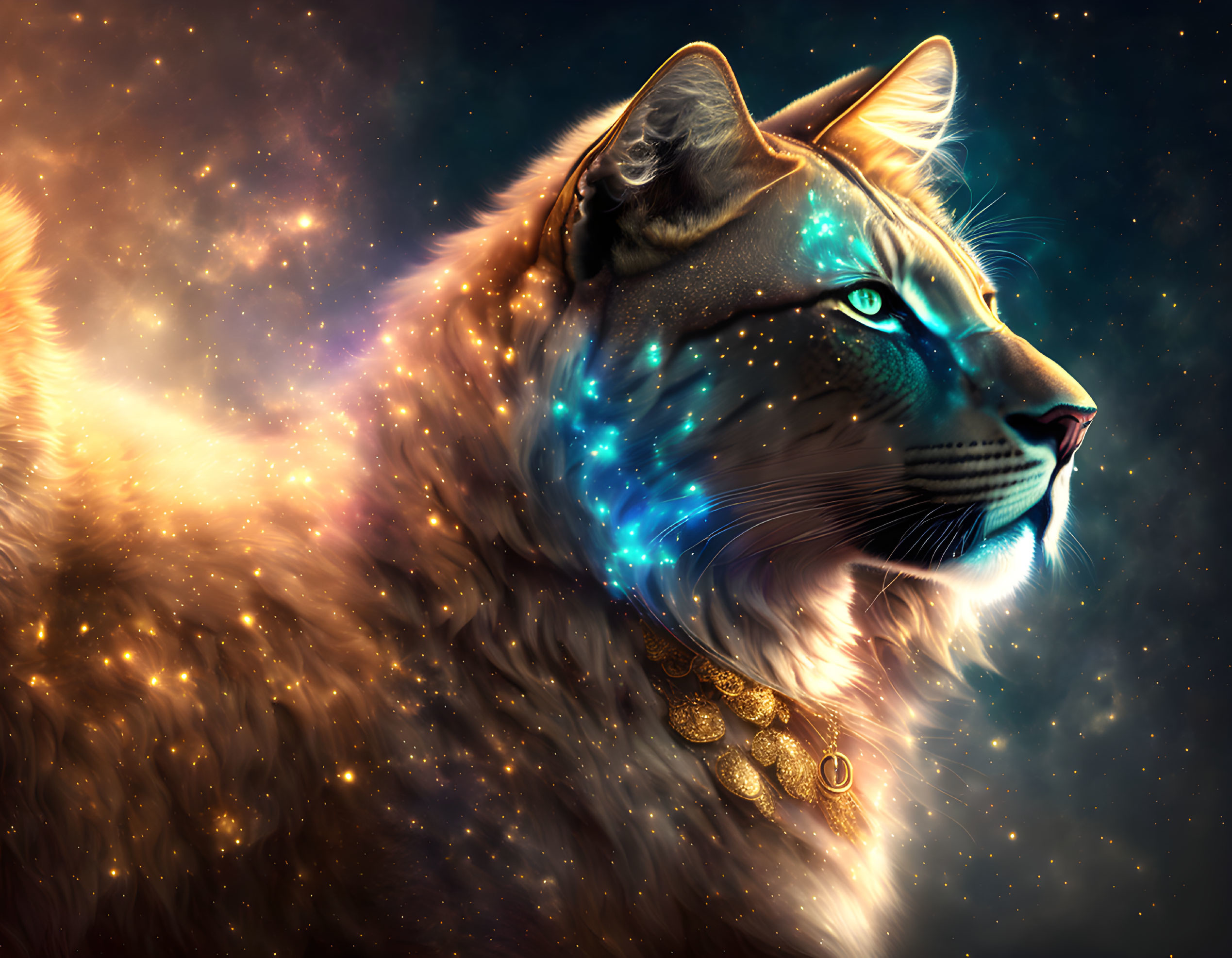 Majestic cosmic cat with star-filled fur and glowing blue eyes in nebula backdrop