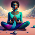 Blue-skinned figure meditating in lotus position against desert backdrop