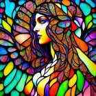 Colorful Woman with Butterfly Wings in Stained Glass Style