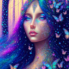 Blue-skinned woman with butterflies and vibrant hair in fantasy portrait