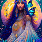 Portrait of Woman with Blue Skin, Floral and Jewelry Accents, Butterflies, and Halo