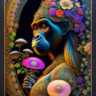 Colorful Gorilla Artwork with Floral Crown and Mushrooms