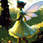 Young fairy in glowing yellow dress surrounded by sparkles