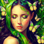 Detailed illustration of woman with curly hair, surrounded by green leaves and vibrant butterflies
