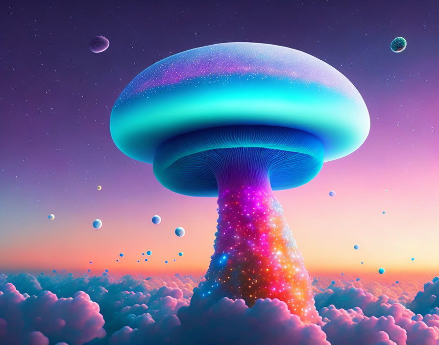 Colorful digital artwork of giant glowing mushroom in purple sky