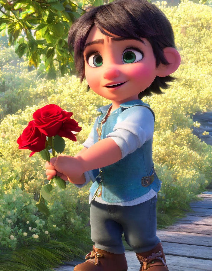Animated young boy with red roses in lush garden setting