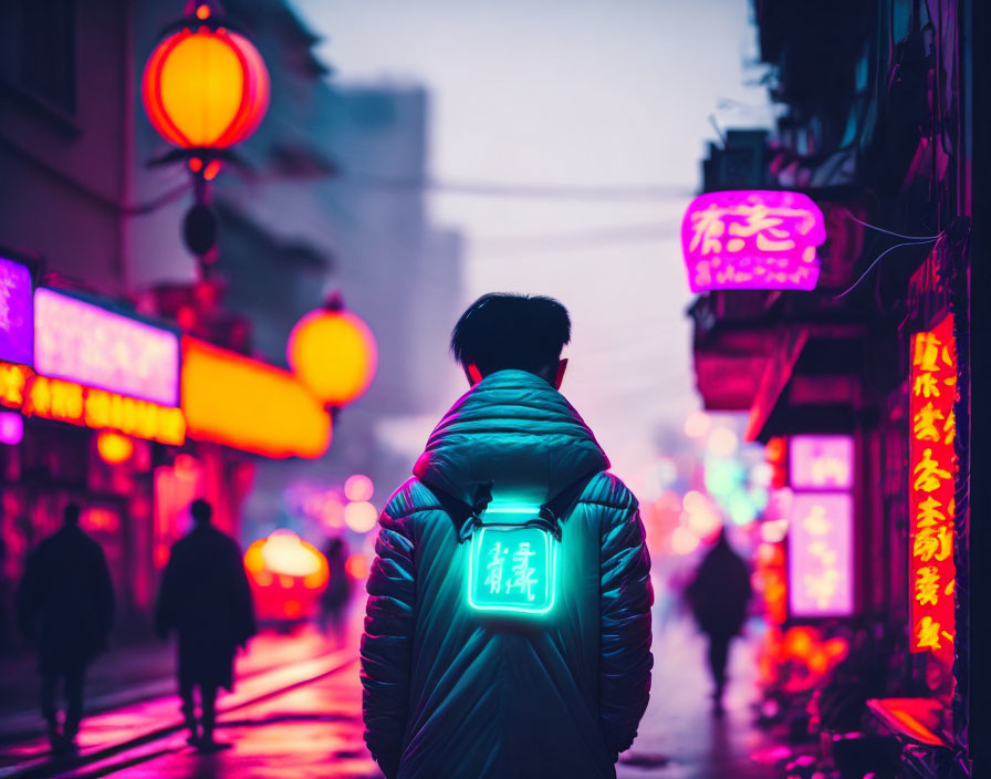 Person walking down vibrant street at dusk with neon signs and red lanterns