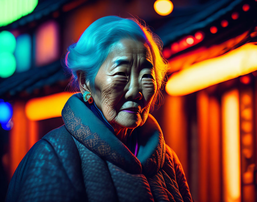 Elderly Woman with Blue Hair and Scarf in Neon-lit Urban Night Scene