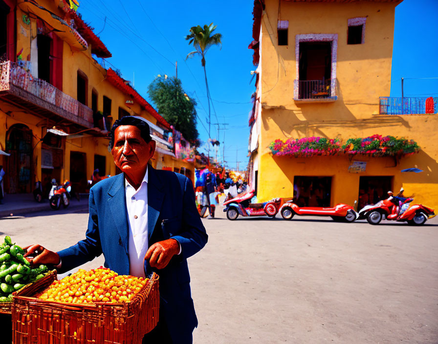 Man in suit pushing fruit cart through vibrant street with colorful buildings and palm trees.