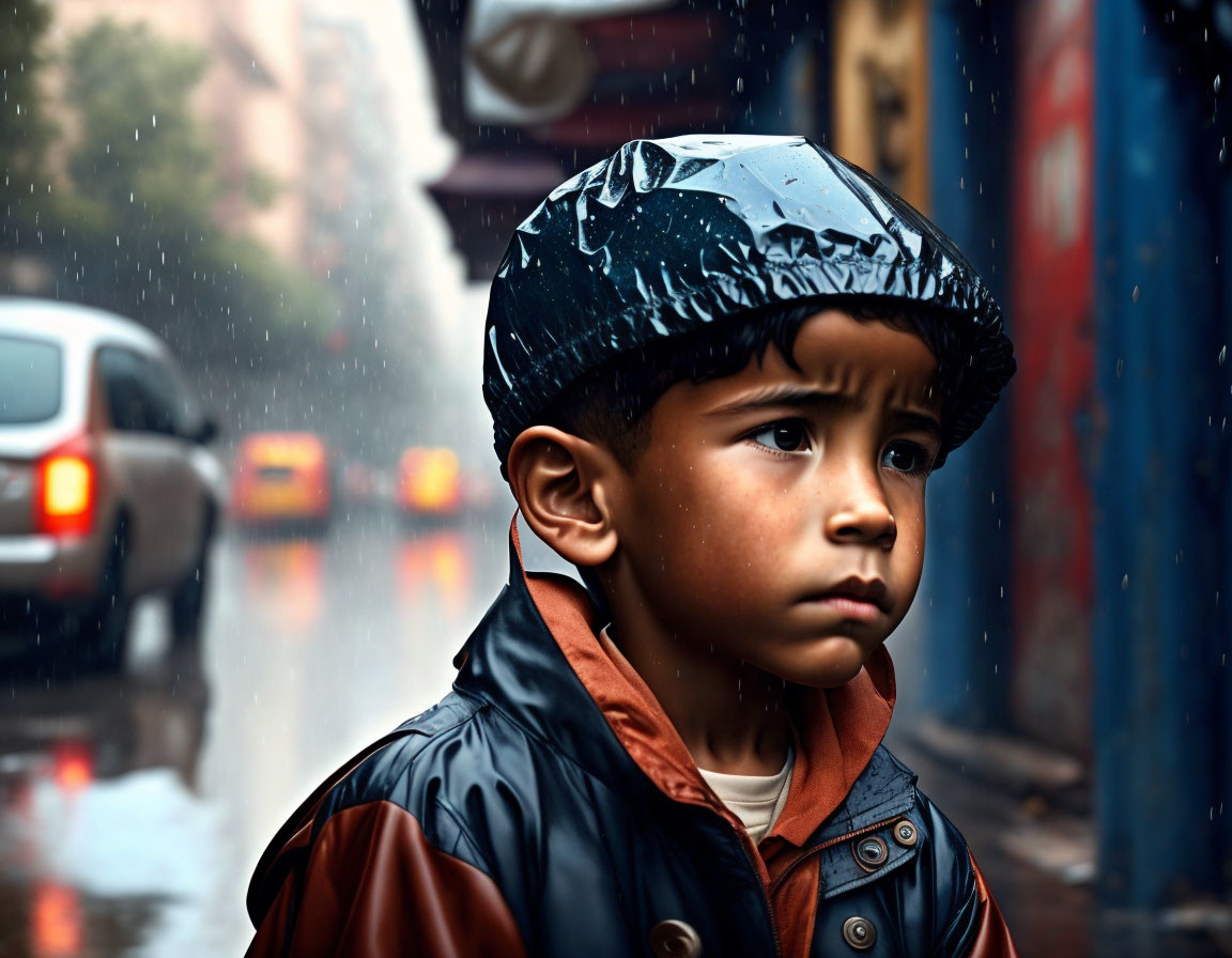 Child in helmet gazes at rainy street with cars and lights