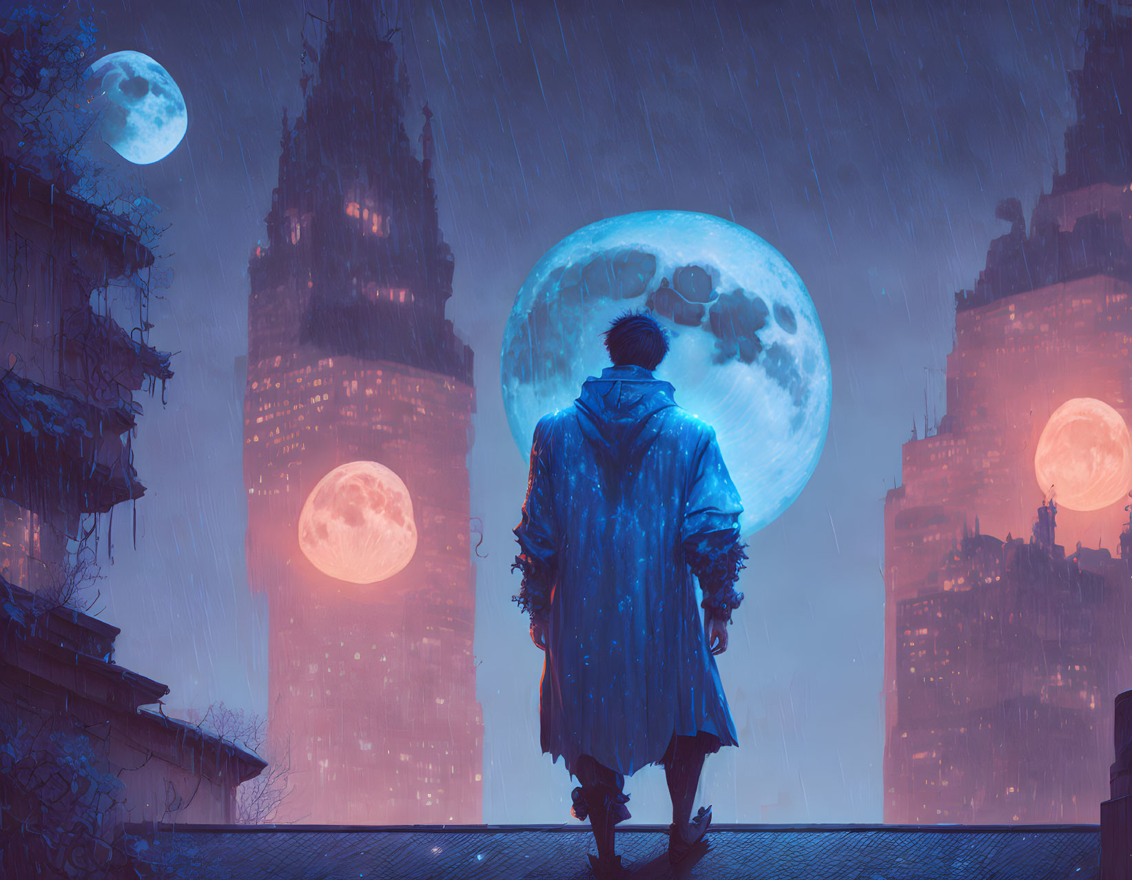 Figure in coat gazes at surreal triple-moon cityscape on rain-drenched rooftop.
