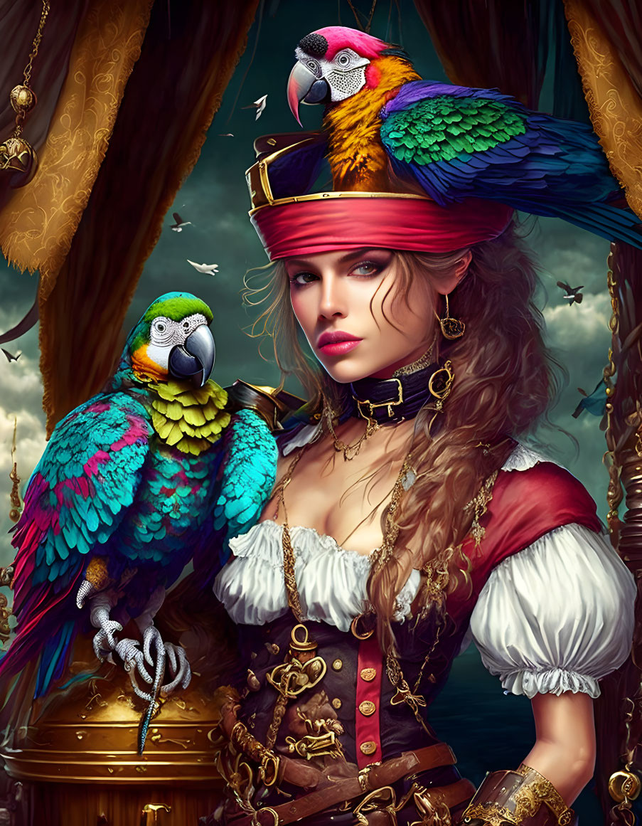 Digital artwork of woman pirate with parrots and chalice on curtain background