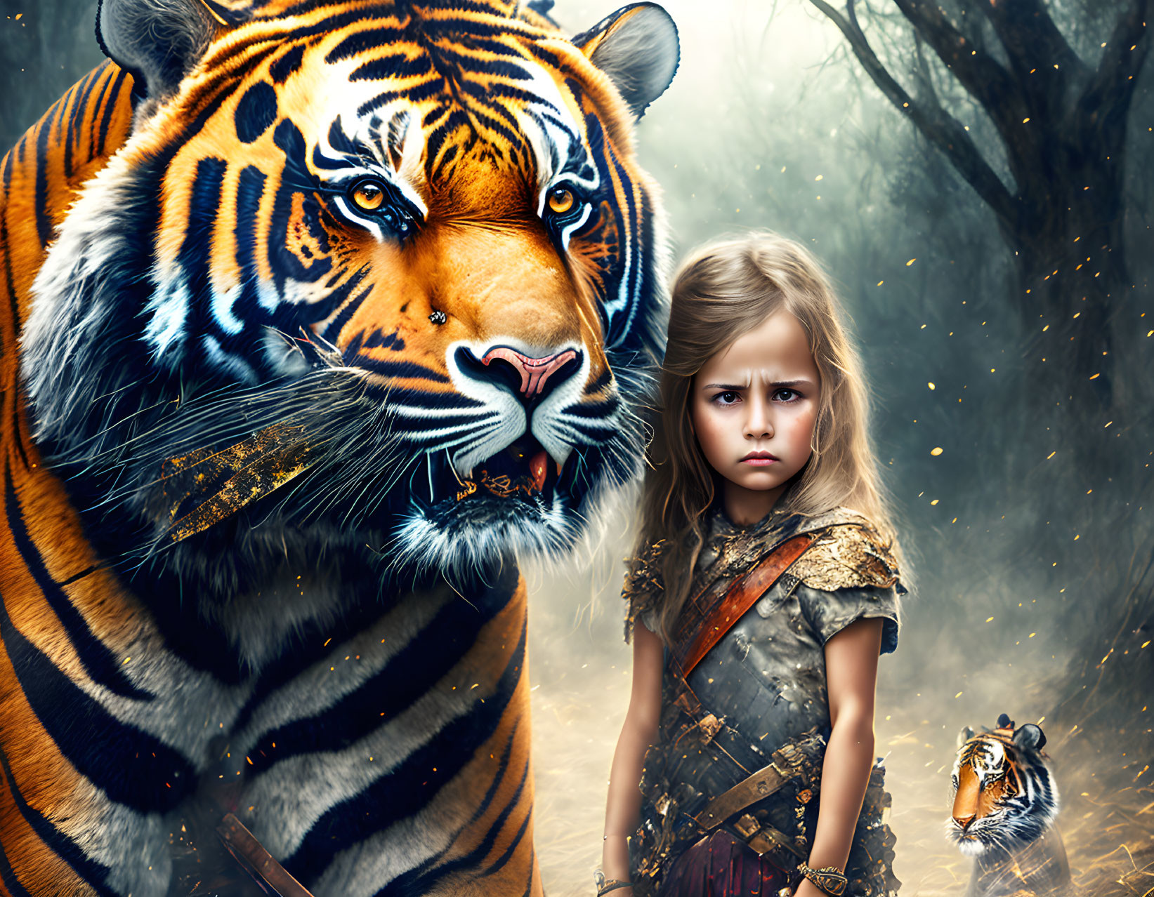 Young girl in medieval warrior attire with vivid tiger in mystical forest