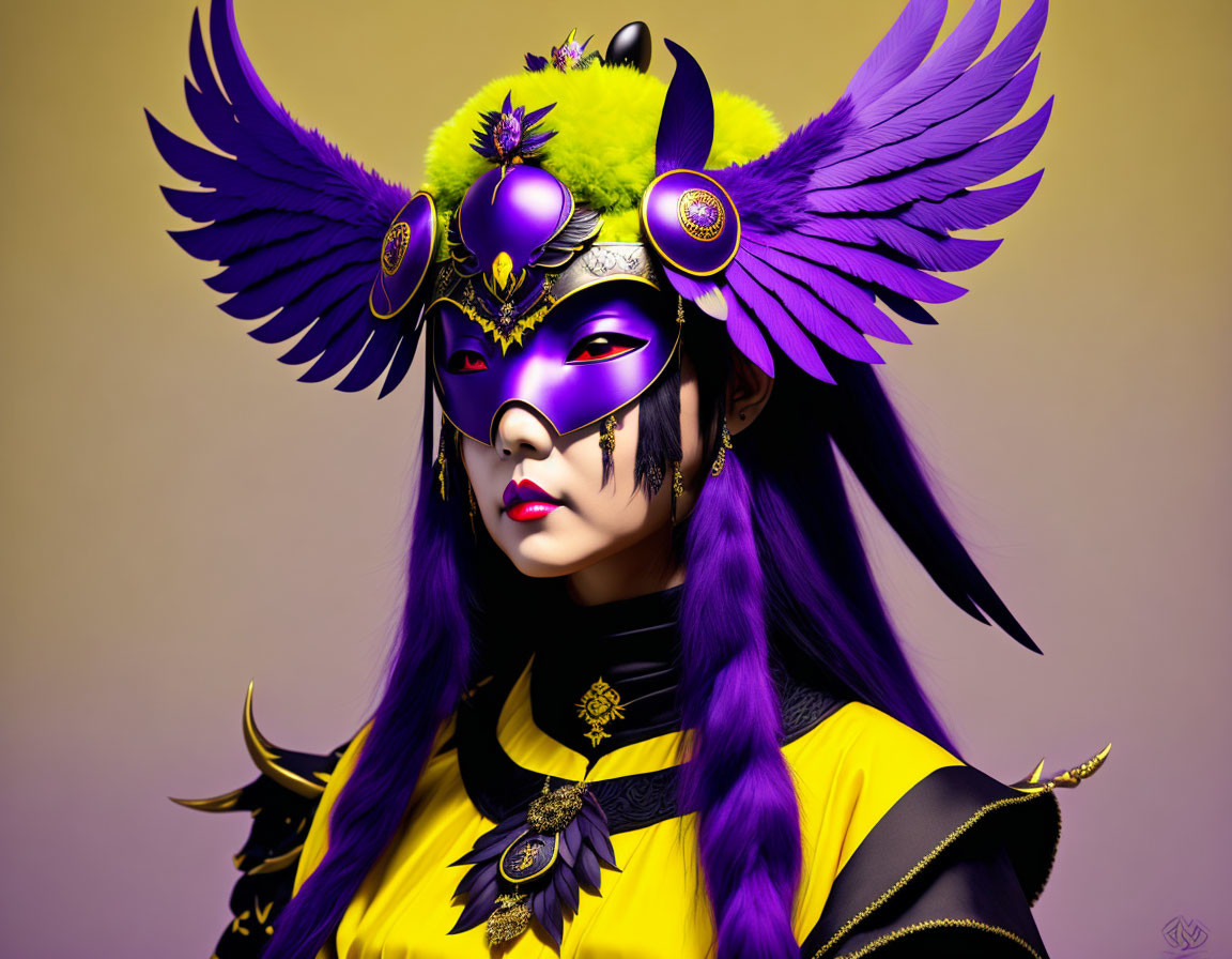 Elaborate Purple and Yellow Costume with Bird-Like Mask on Beige Background