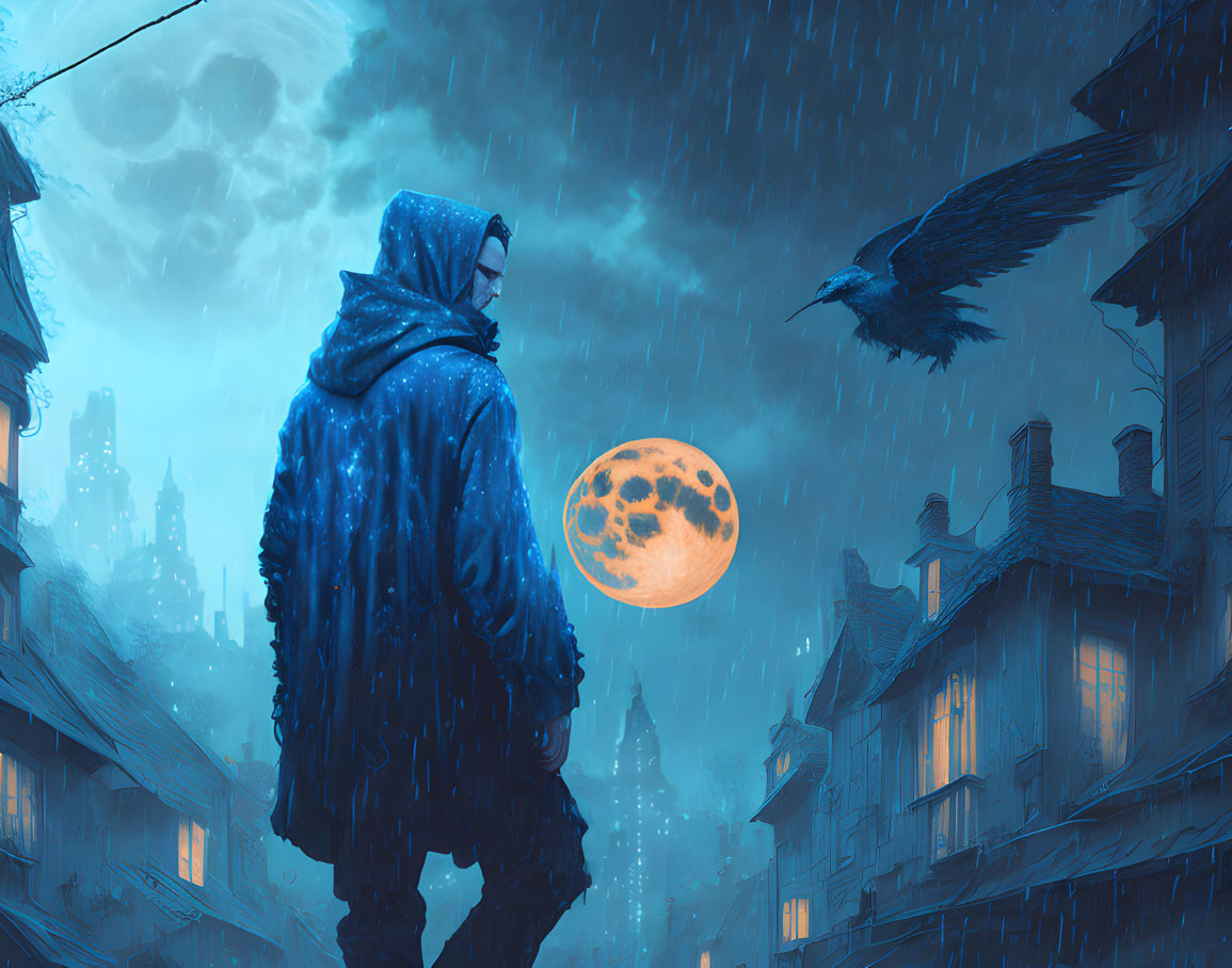 Mysterious cloaked figure in rainy alley with raven and orange moon