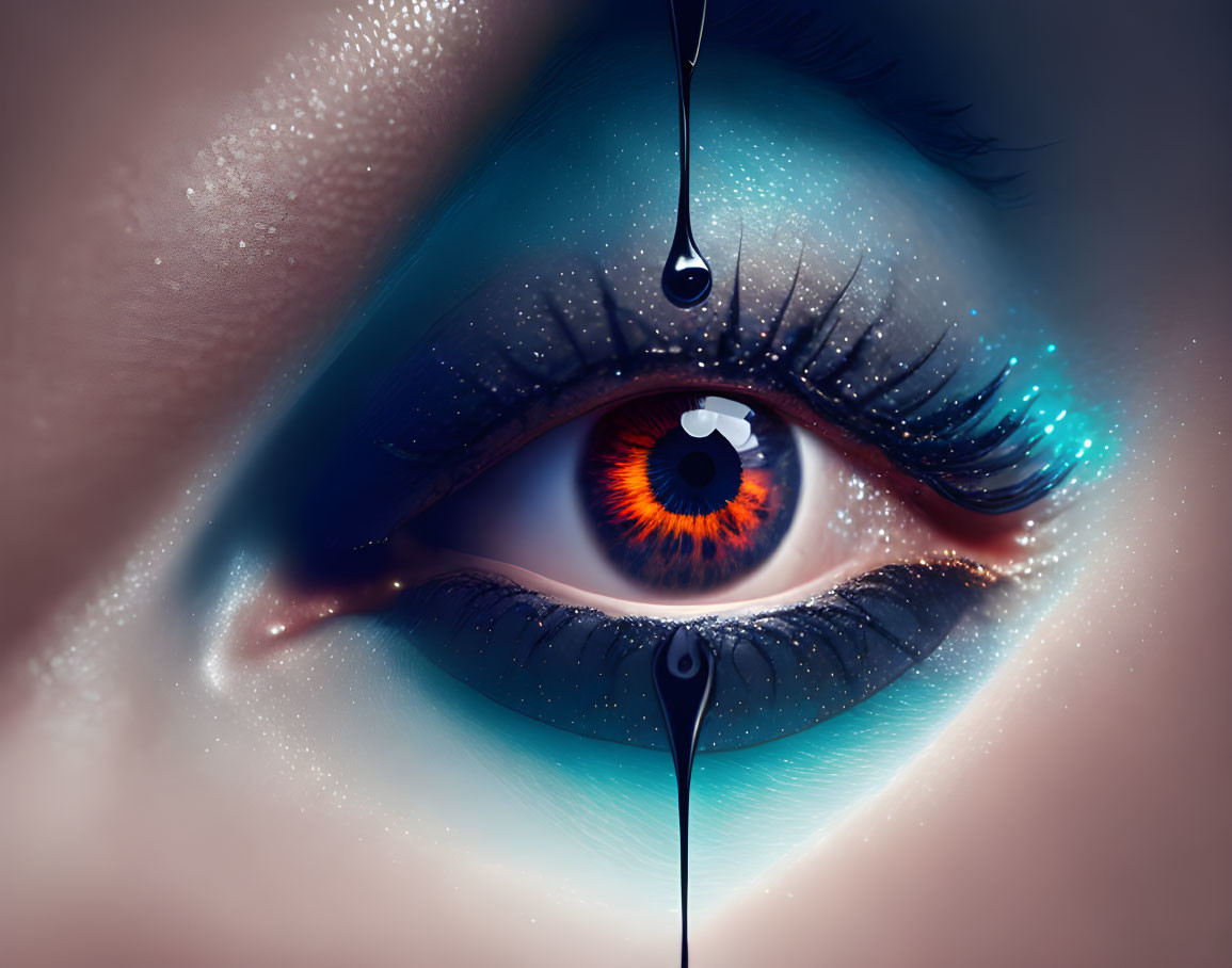 Detailed digital illustration of fiery orange eye with blue eyeshadow and black liquid drops
