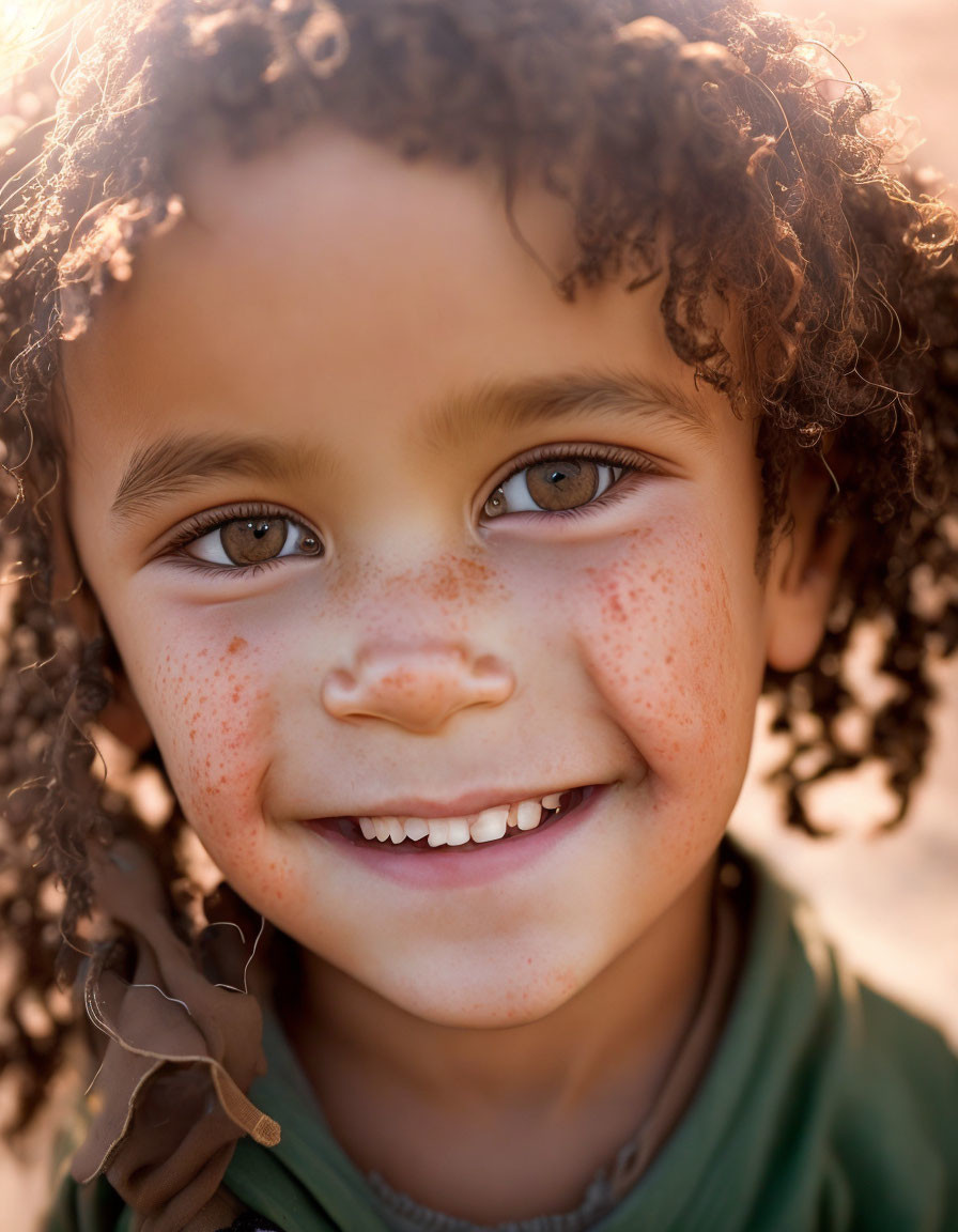 Smiling child with curly hair and freckles in green top