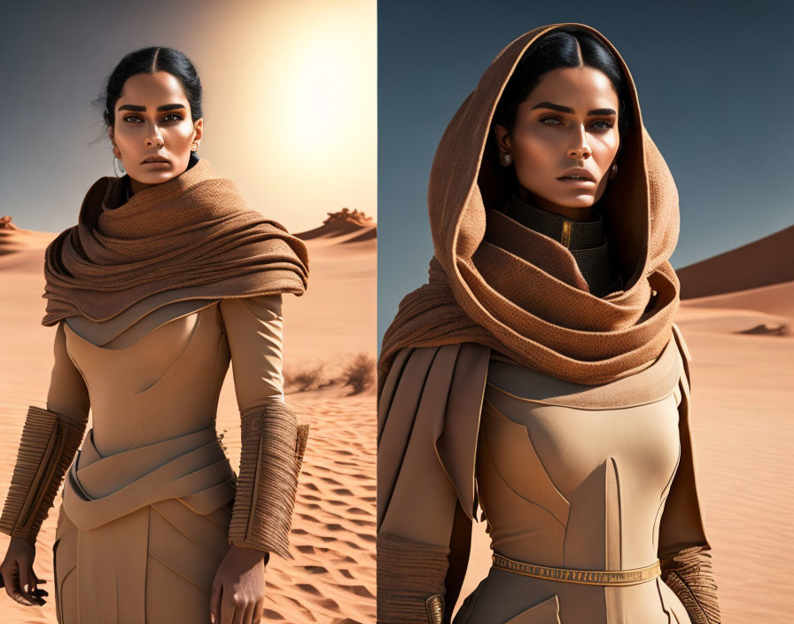 Woman with dramatic makeup in flowing brown garment in desert