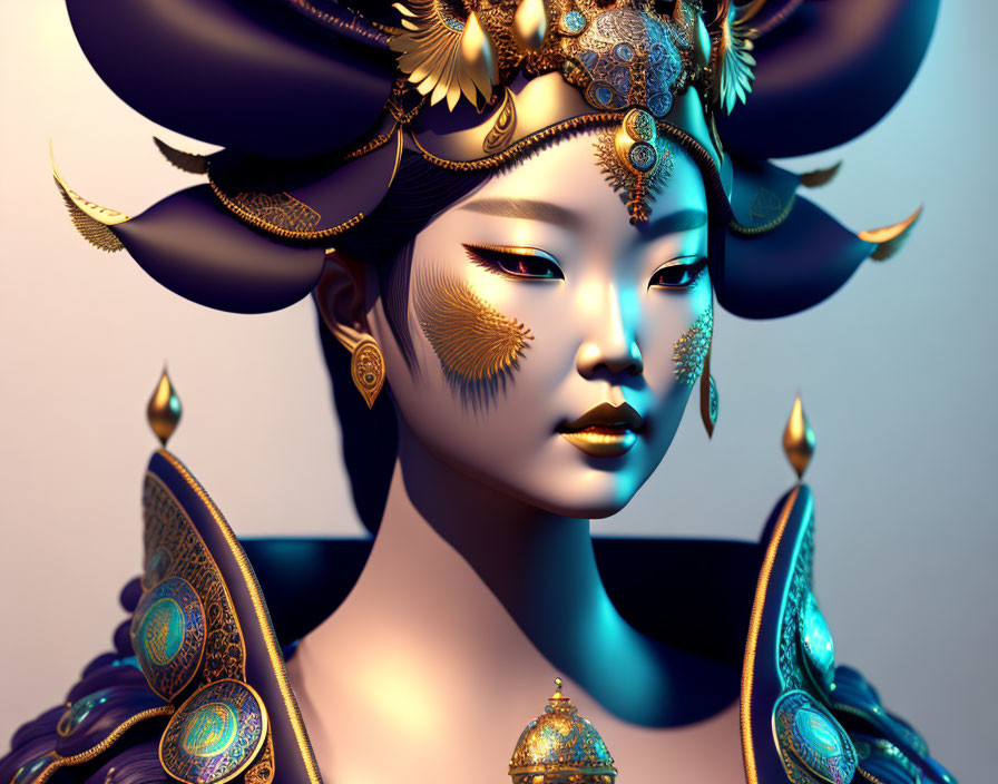Digital artwork of a woman with golden headdress and peacock motifs