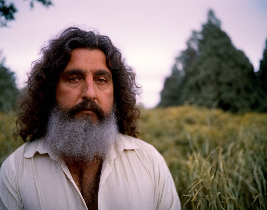 Bearded man with long hair in field with trees and cloudy sky