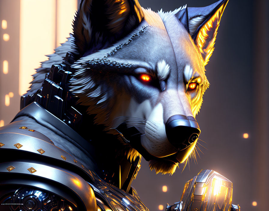 Futuristic anthropomorphic wolf in advanced armor with red eyes