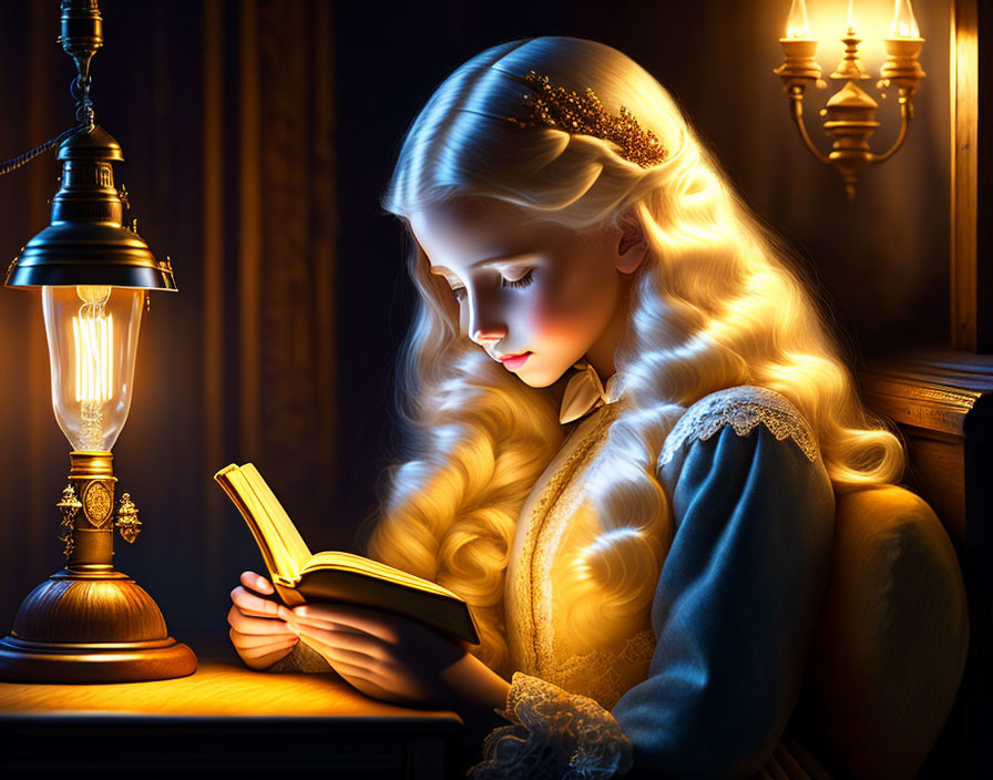 Young girl reading book by oil lamp in cozy room