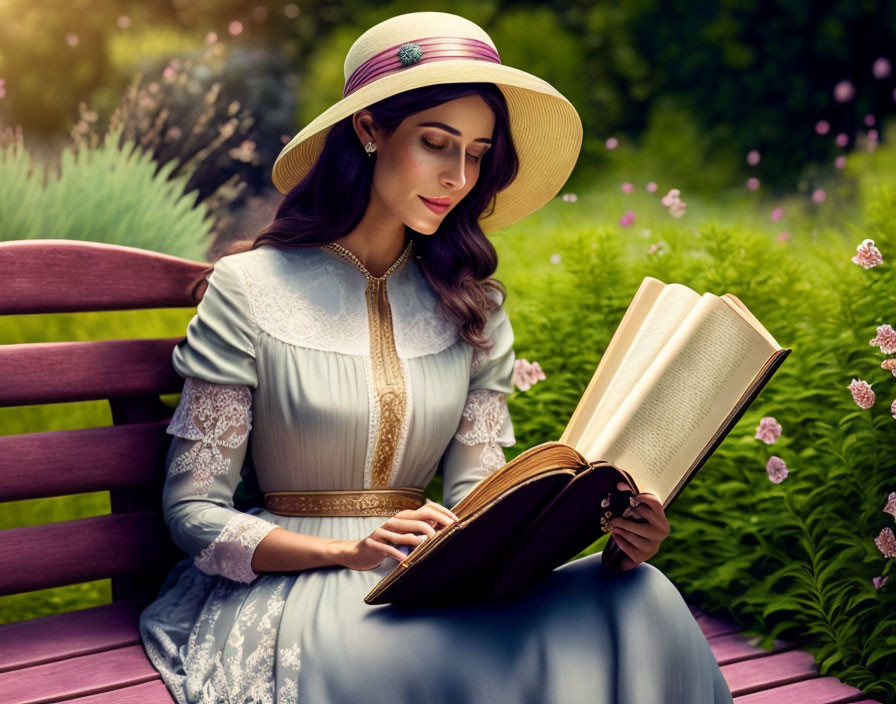 Woman in vintage dress reading book on garden bench surrounded by lush greenery