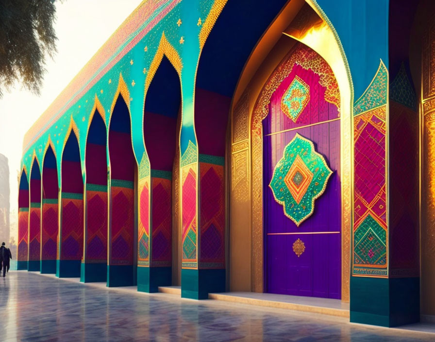 Colorful Islamic patterned arches and ornate door in blue, magenta, and gold