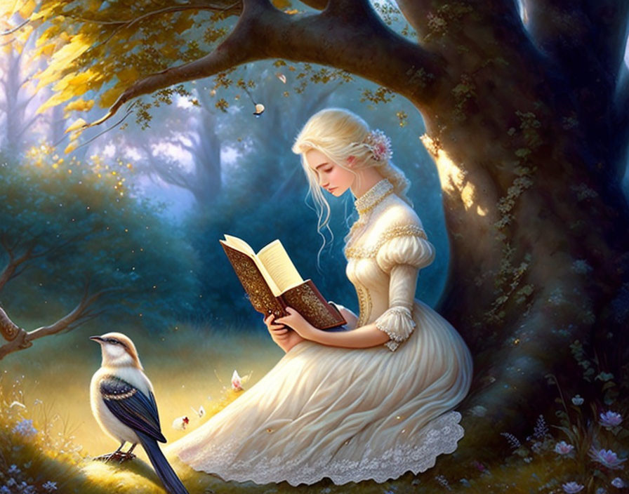 Woman in cream dress reading book under tree with bird in sunlit forest