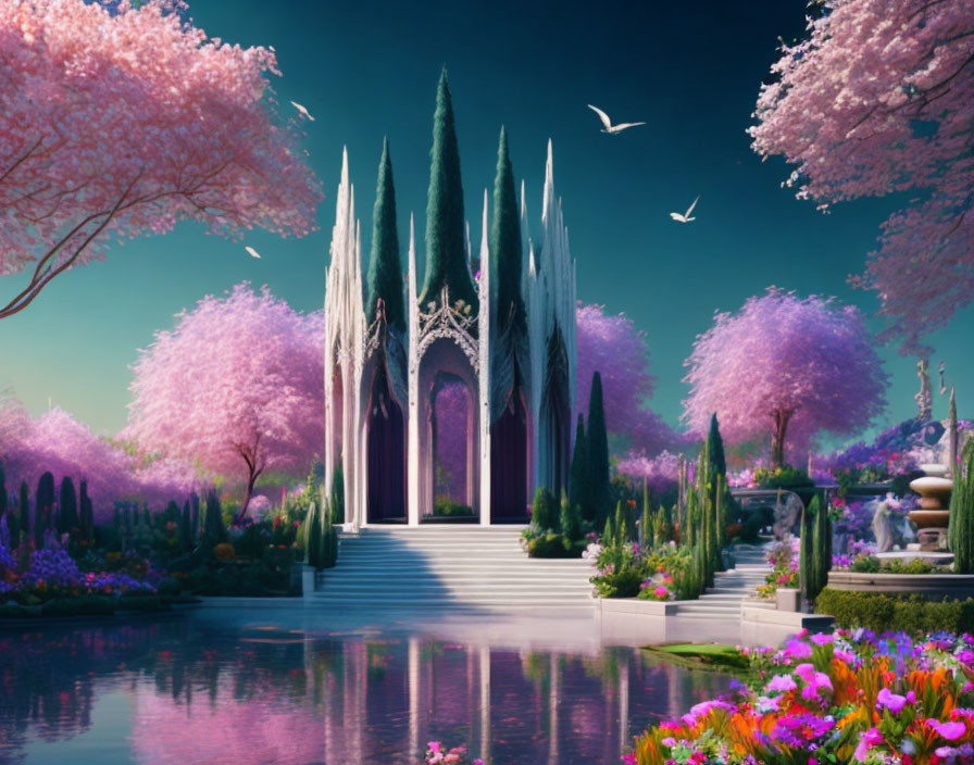 Pink blooming trees, serene pond, gothic structure in lush garden.