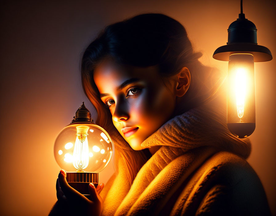 Woman holding glowing light bulb in serene setting