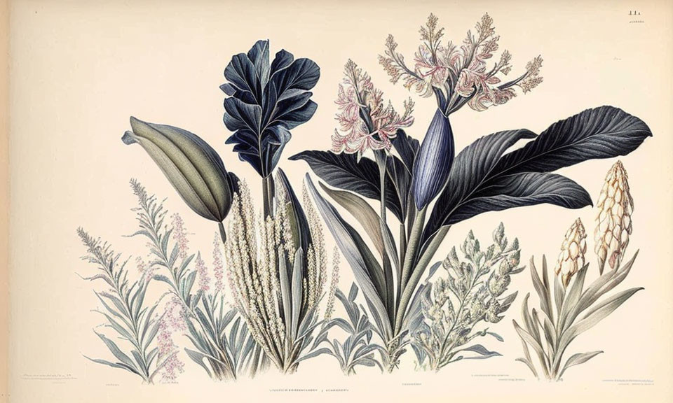 Detailed vintage botanical plant drawings on beige background