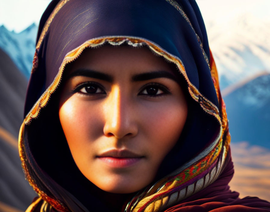 Woman in headscarf gazes intensely against mountain backdrop