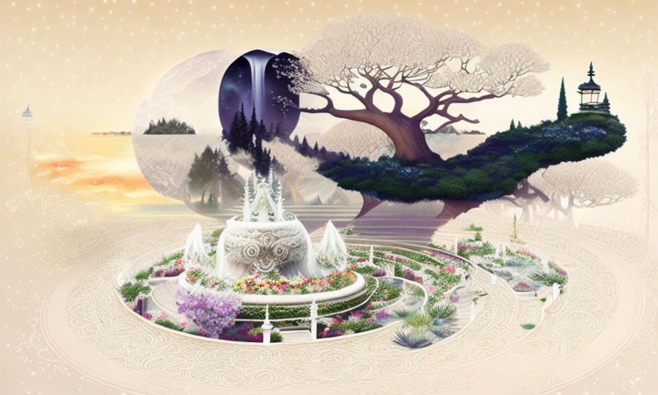 Majestic tree and intricate sculptures in colorful garden landscape