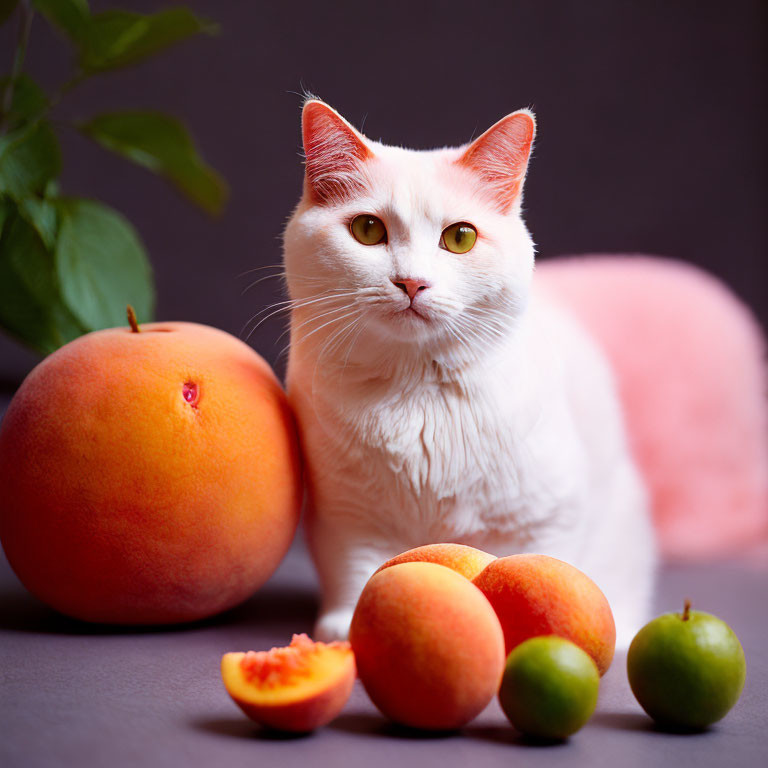 White Cat with Yellow Eyes Next to Fruit on Gray Background