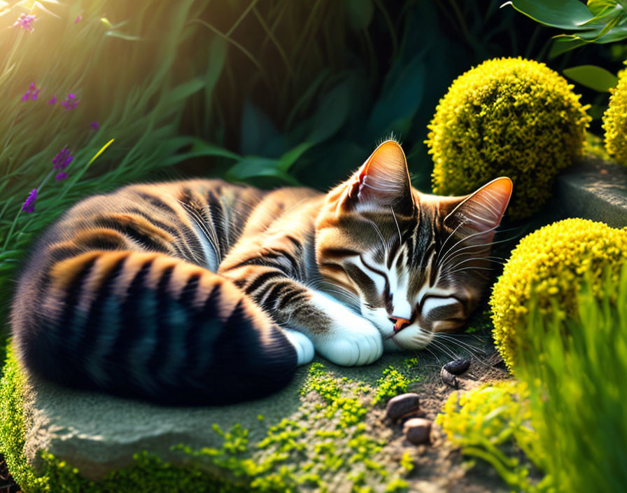 Tabby Cat Sleeping on Mossy Rock Surrounded by Greenery and Flowers