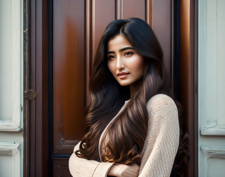 Woman with long brown hair in cream sweater against brown door.